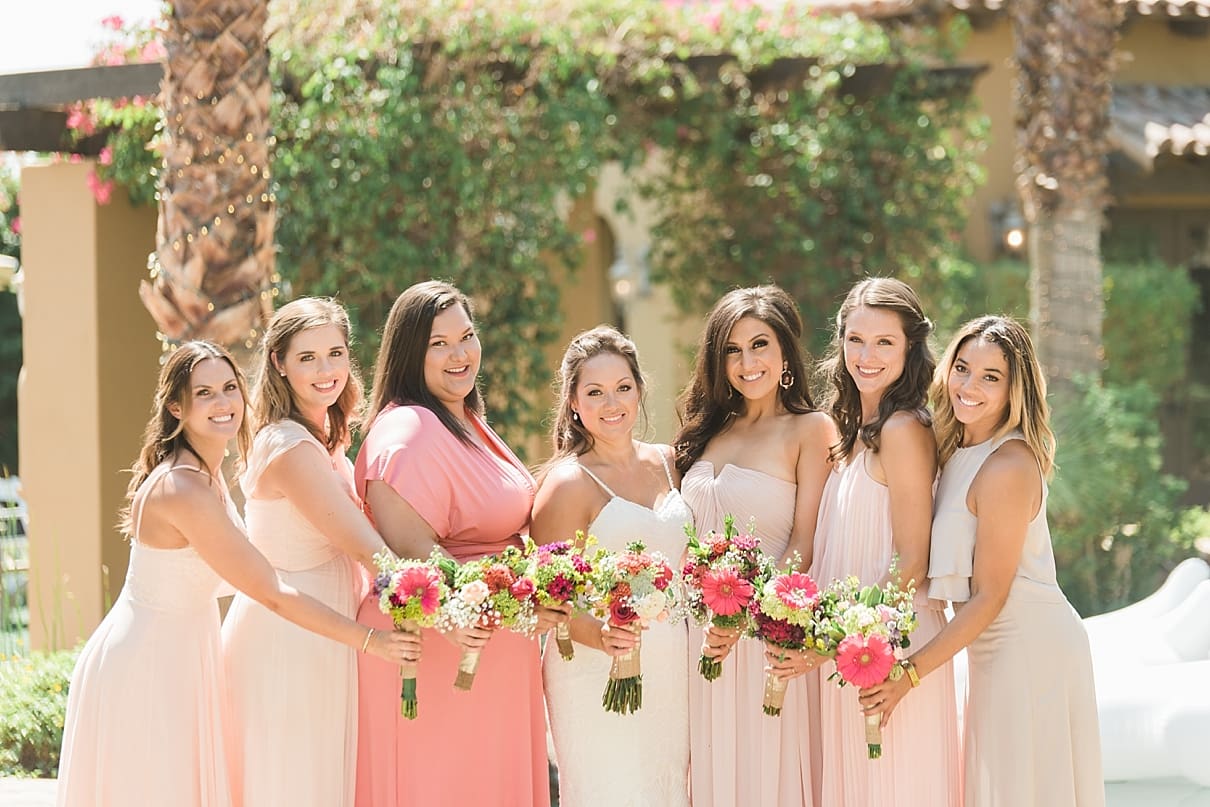 pink bridesmaids, mismatched bridesmaids dresses