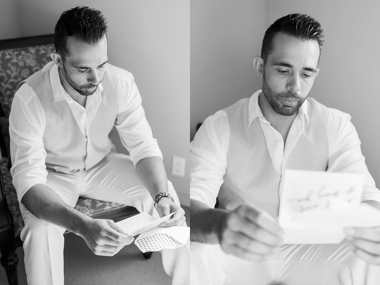 groom reading note from bride on wedding day