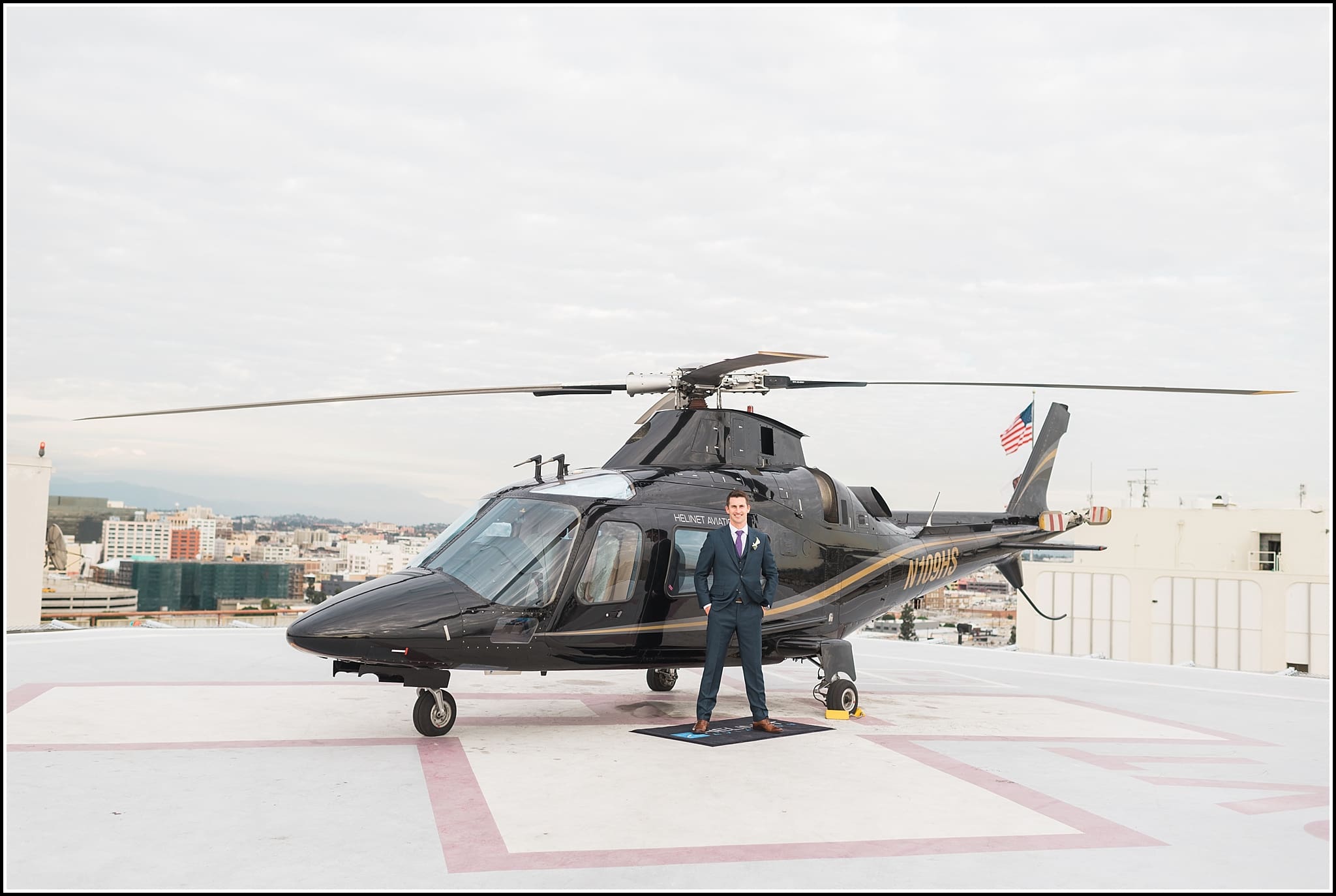  favorite wedding images 2016, wedding photos from 2016, our favorite wedding photos, arriving by helicopter, groom with helicopter, downtown LA wedding