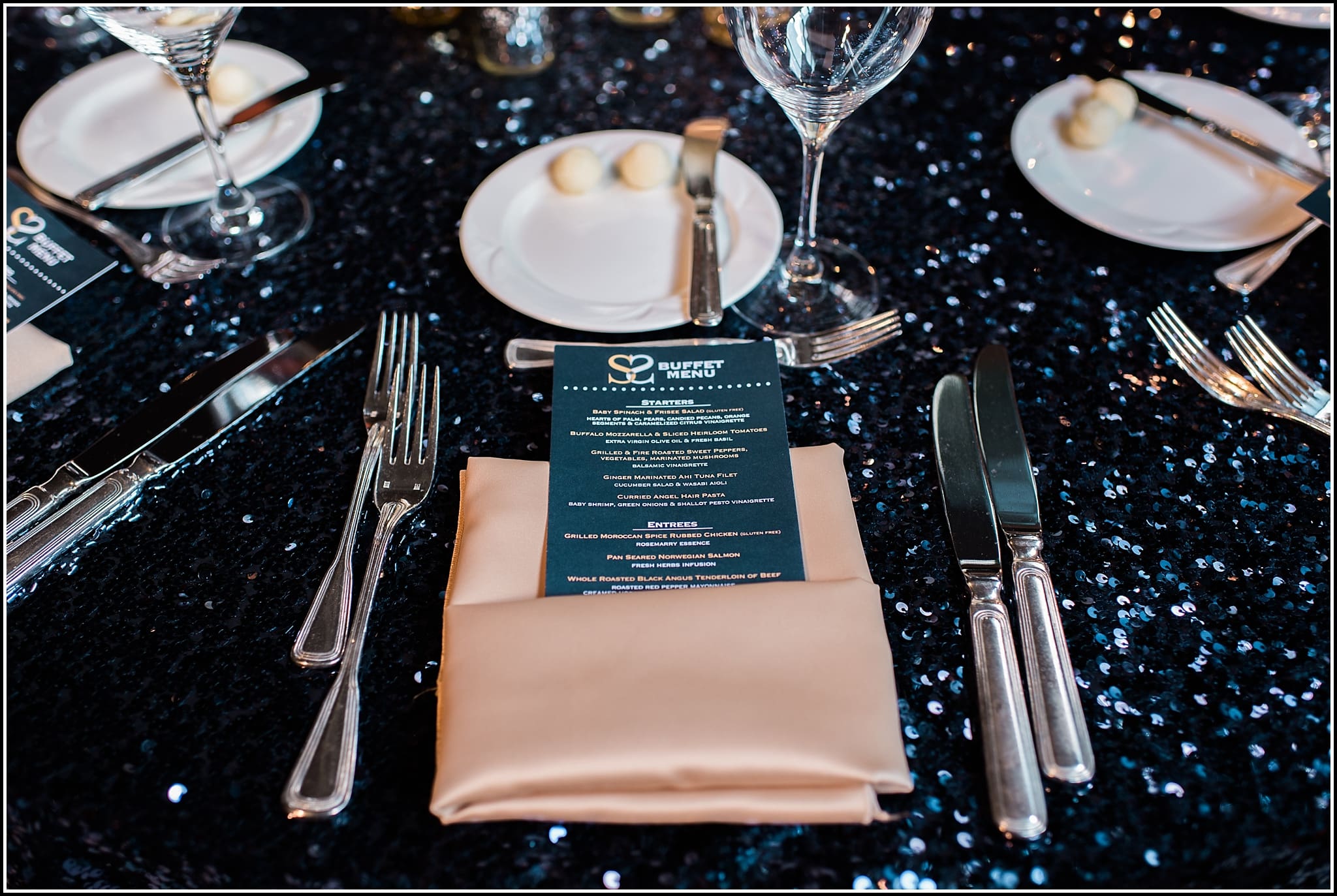  favorite wedding images 2016, wedding photos from 2016, our favorite wedding photos, blue sparkly table clothes, sequin table linens, navy blue sequin wedding reception details