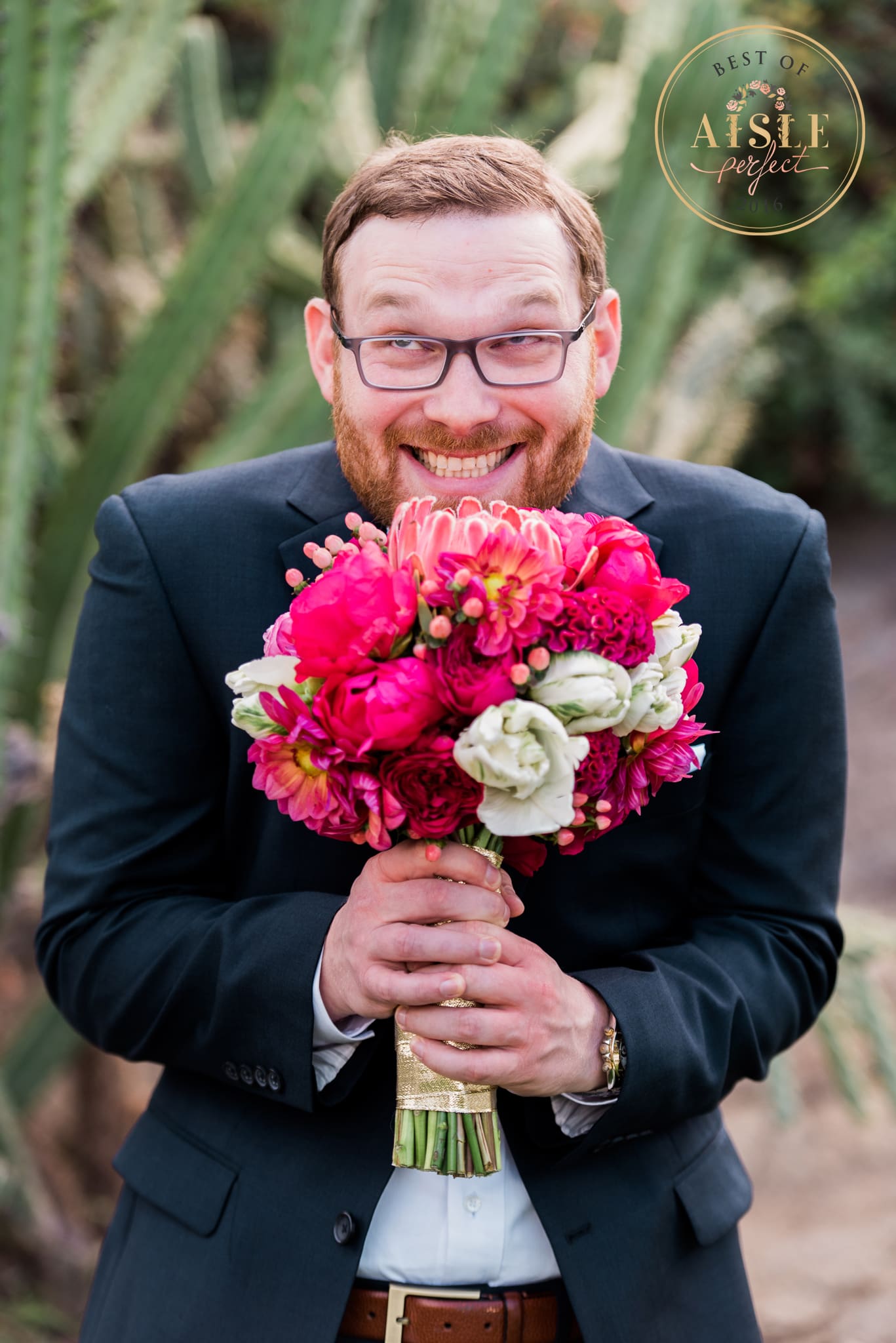 Aisle Perfect's Best of 2016 Award Winners, best wedding bouquet 2016, hot pink wedding bouquet, lotus and lily floral, bright pink wedding bouquet, groom with pink bouquet