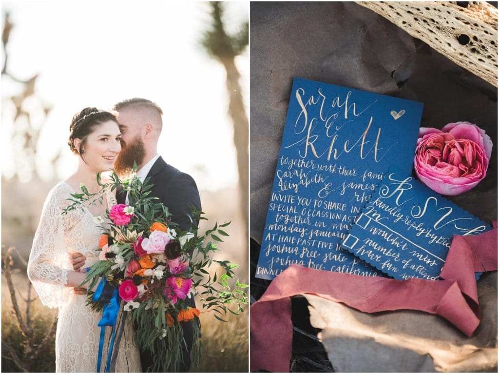 bride and groom with navy blue and pink decor