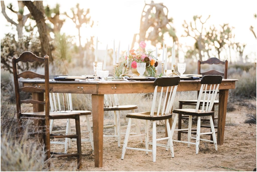 wood table wedding tablescape in the desert