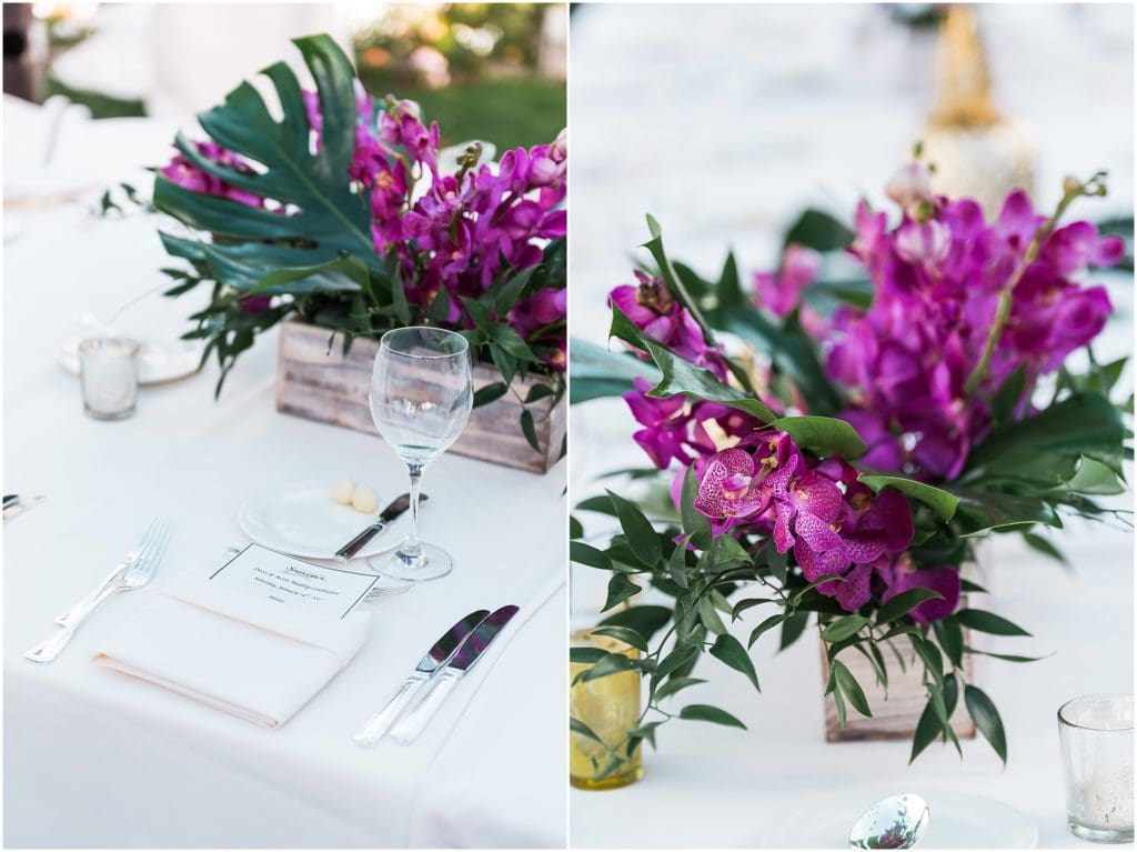 purple tropical flower center pieces for a wedding