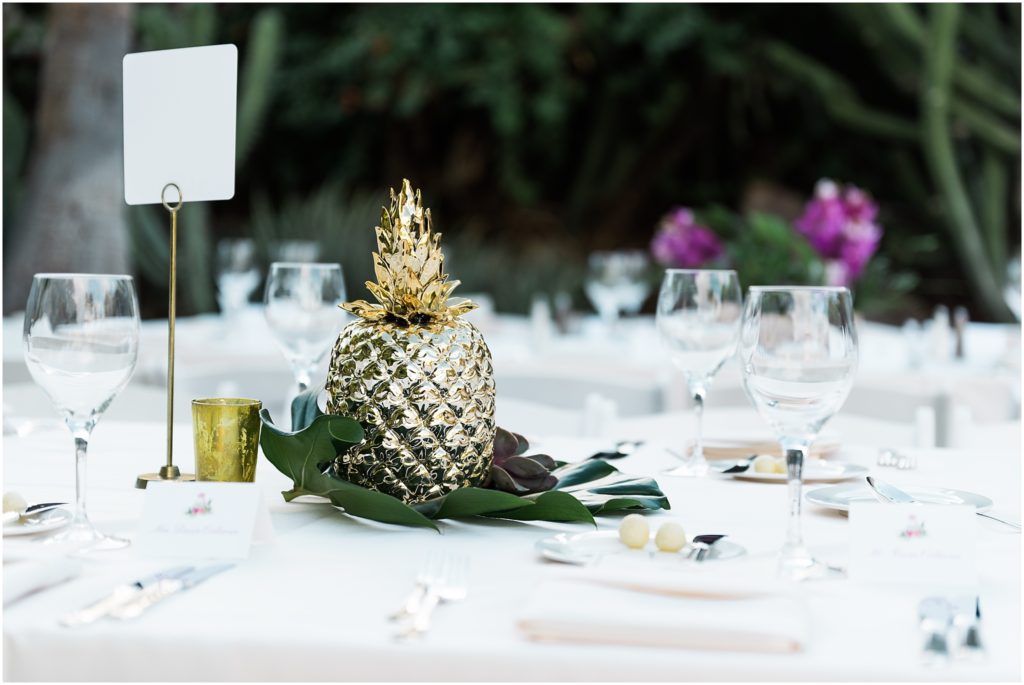 tropical orchid and pineapple wedding reception details