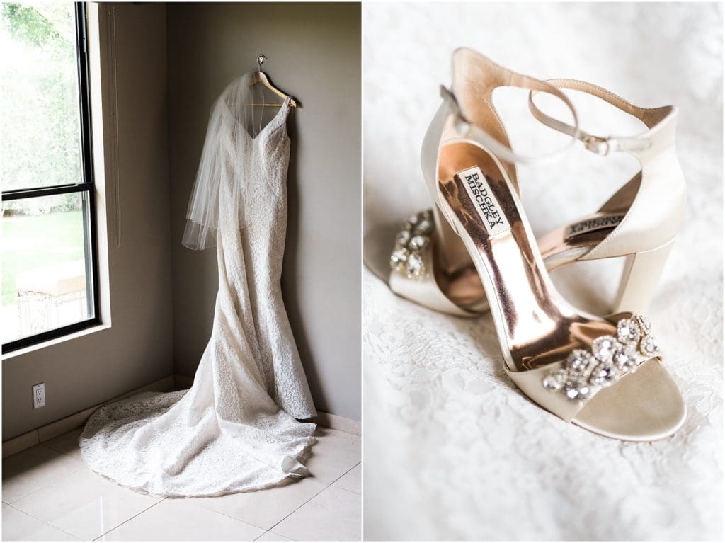 bridal gown with badgley mischka gold heels