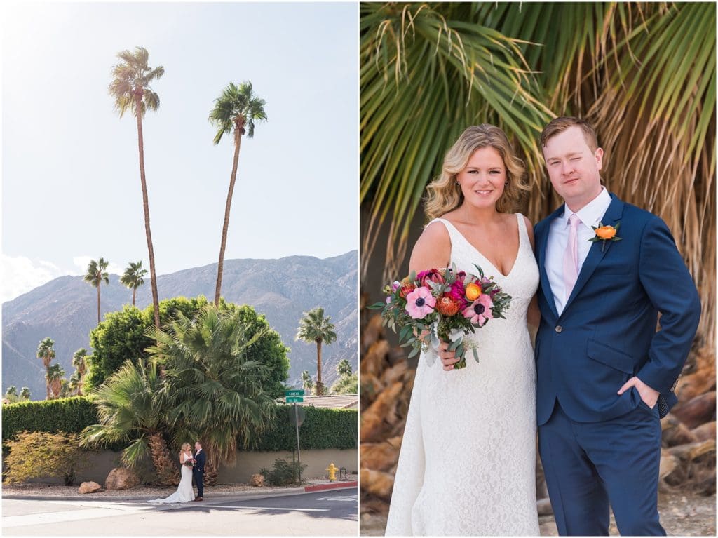 bride and groom in a palm springs neighborhood