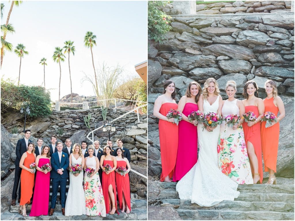 bridesmaids in tropical colors at spencers restaurant in palm springs