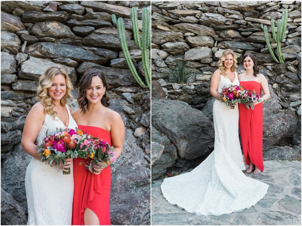 bride with bridesmaids in orange dresses