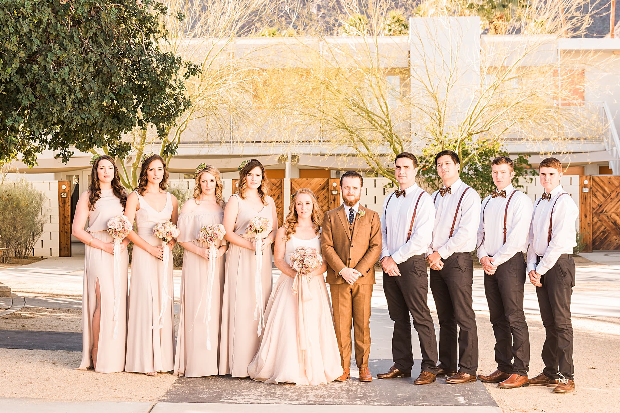 brown and blush wedding party