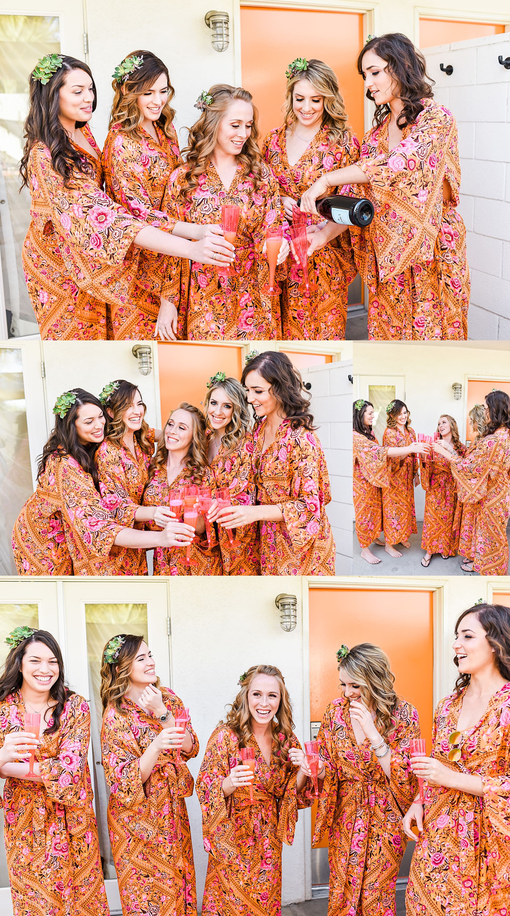 bride with bridesmaids drinking champagne