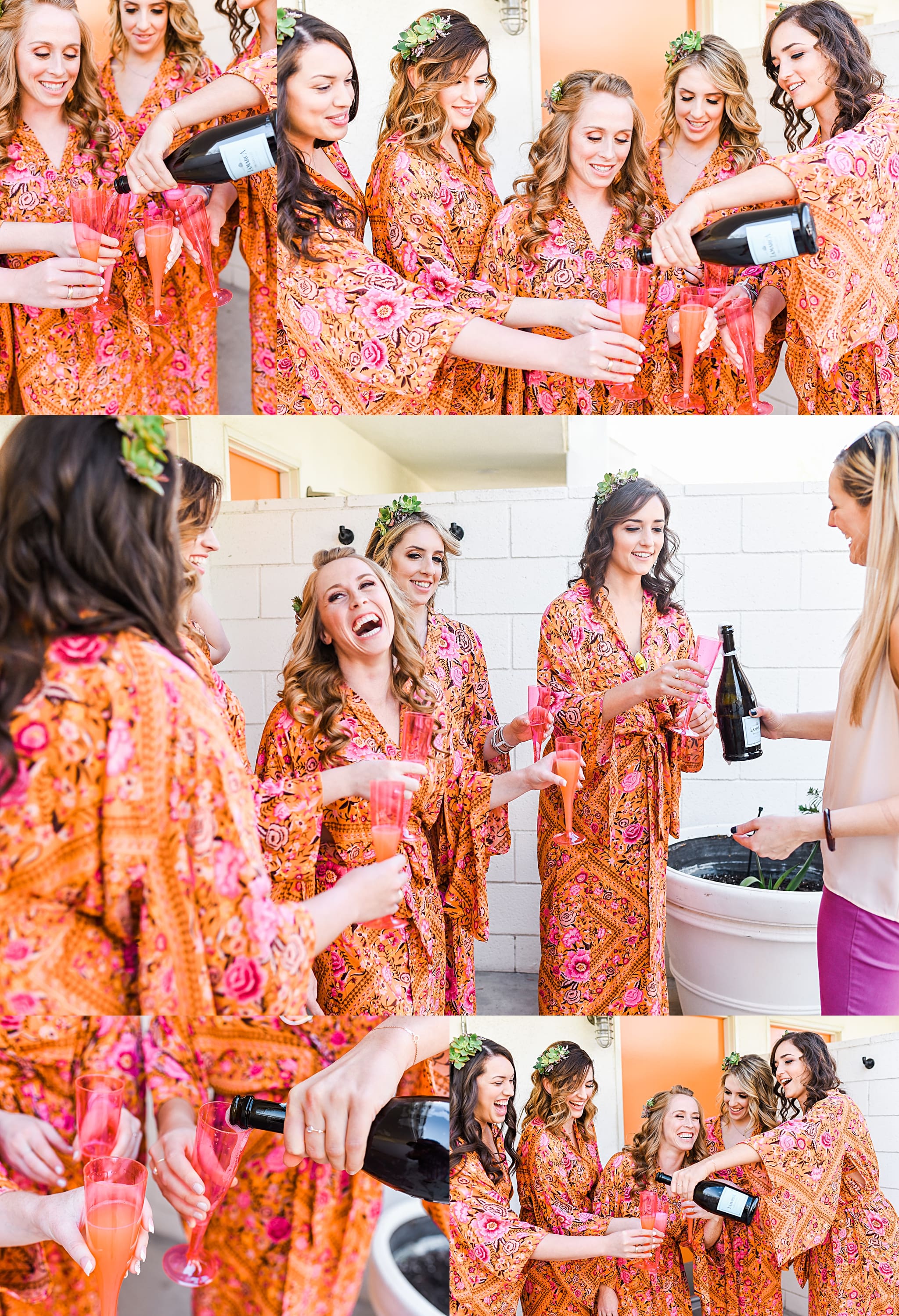 bridal party having fun before getting dressed