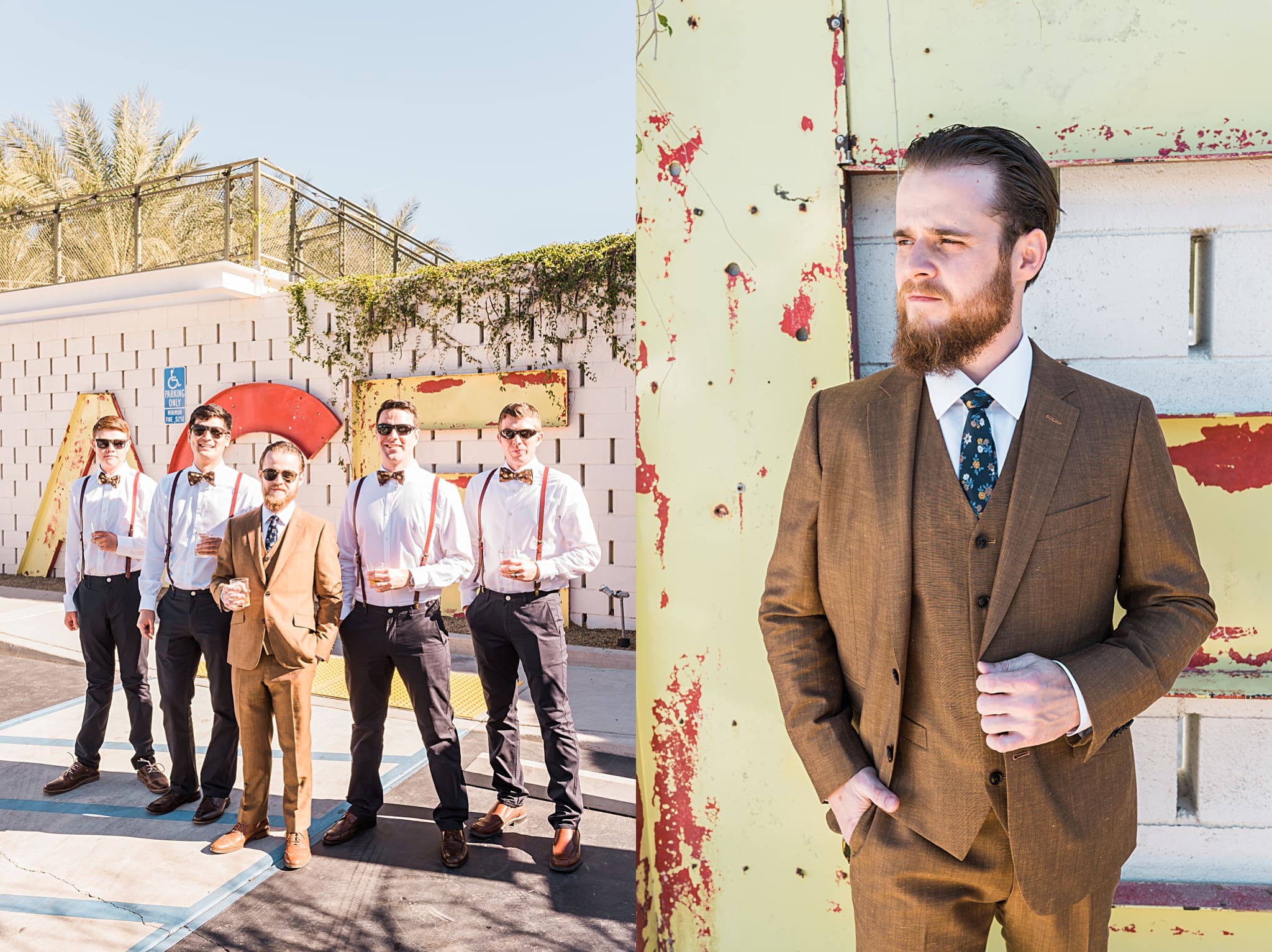groom with groomsmen in front of the Ace Hotel in Palm Springs