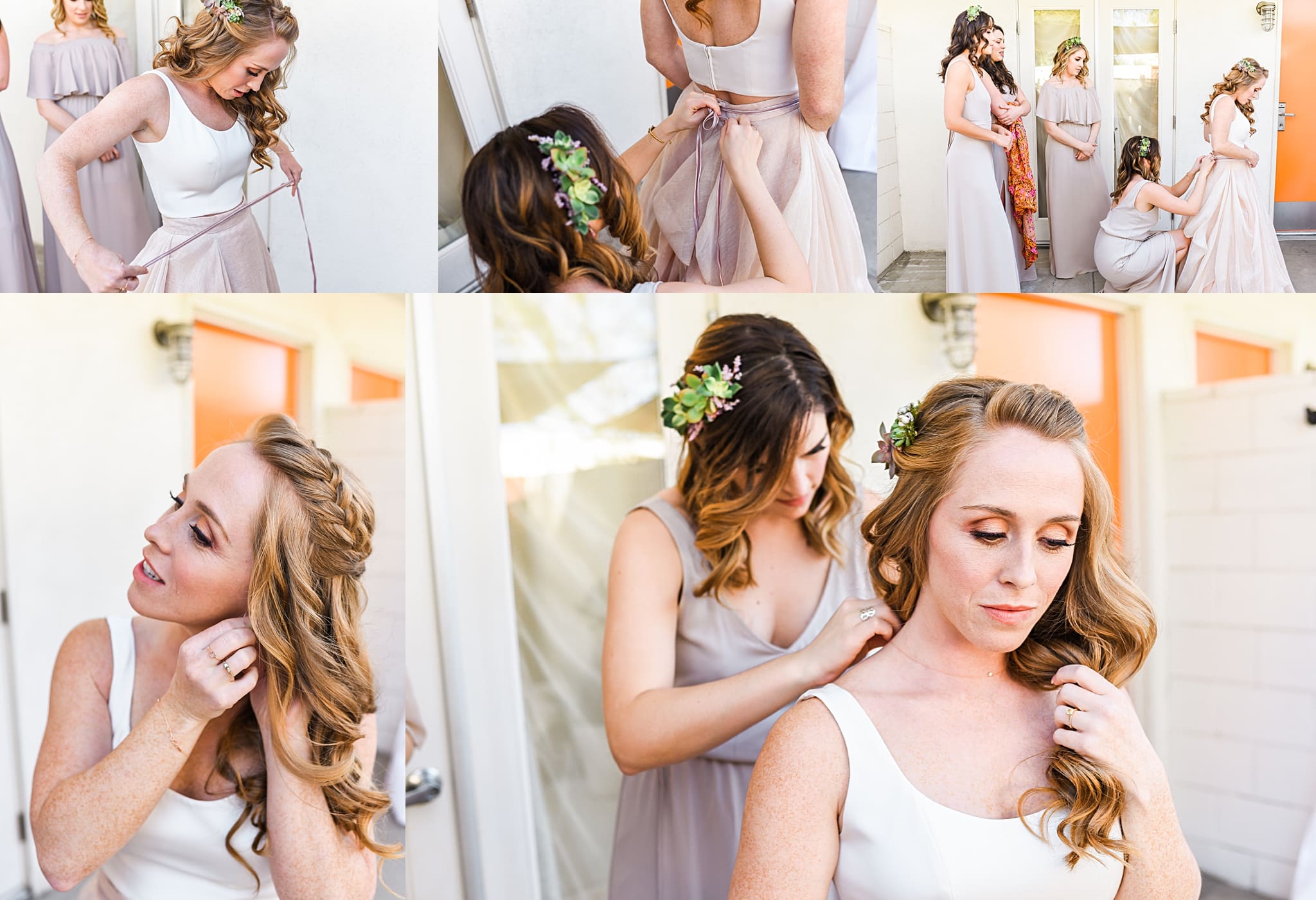 bridesmaids putting final touches on bride for ace hotel wedding in palm springs