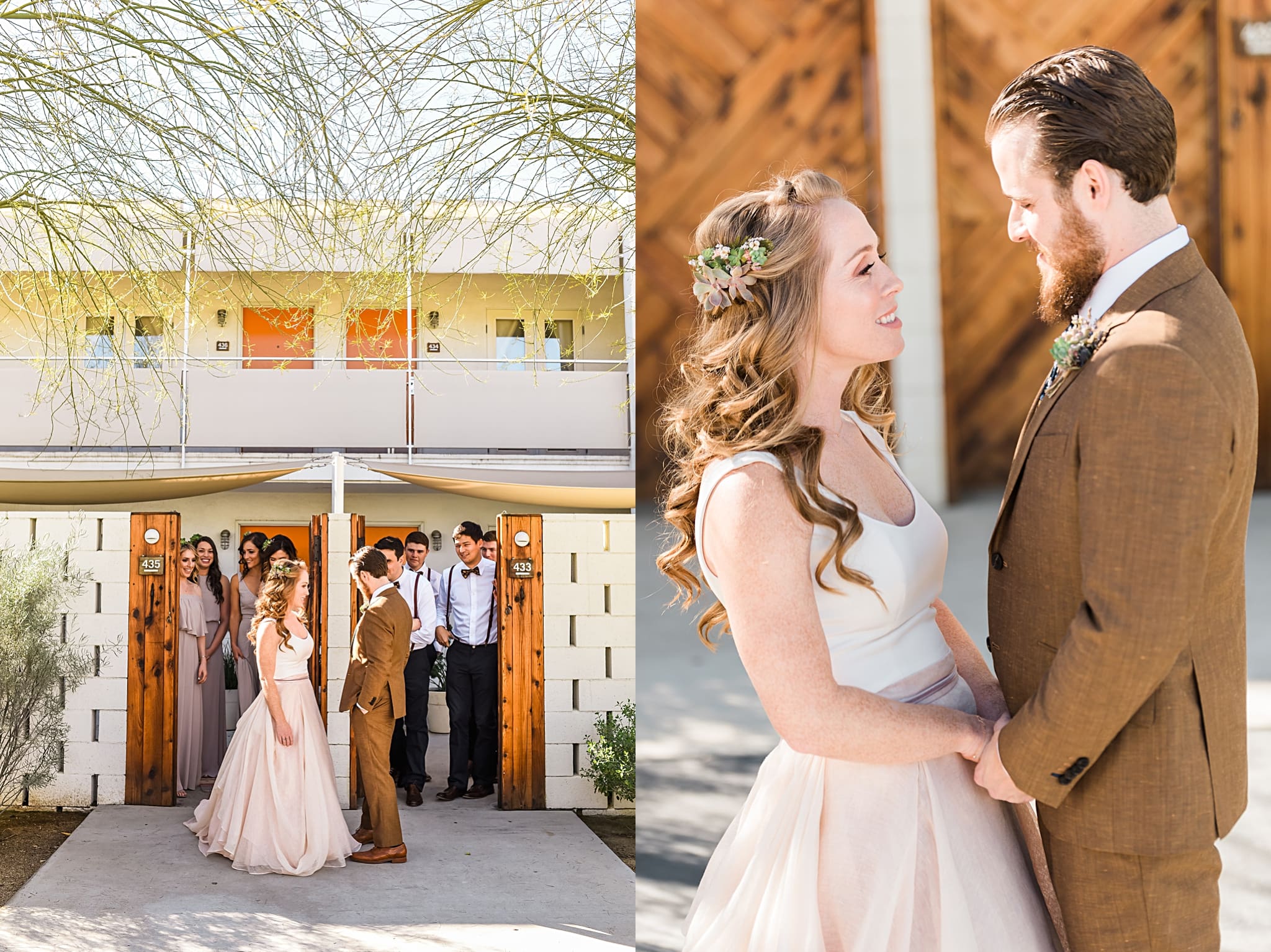 bride and groom see each other for the first time on wedding day at ace hotel in palm springs