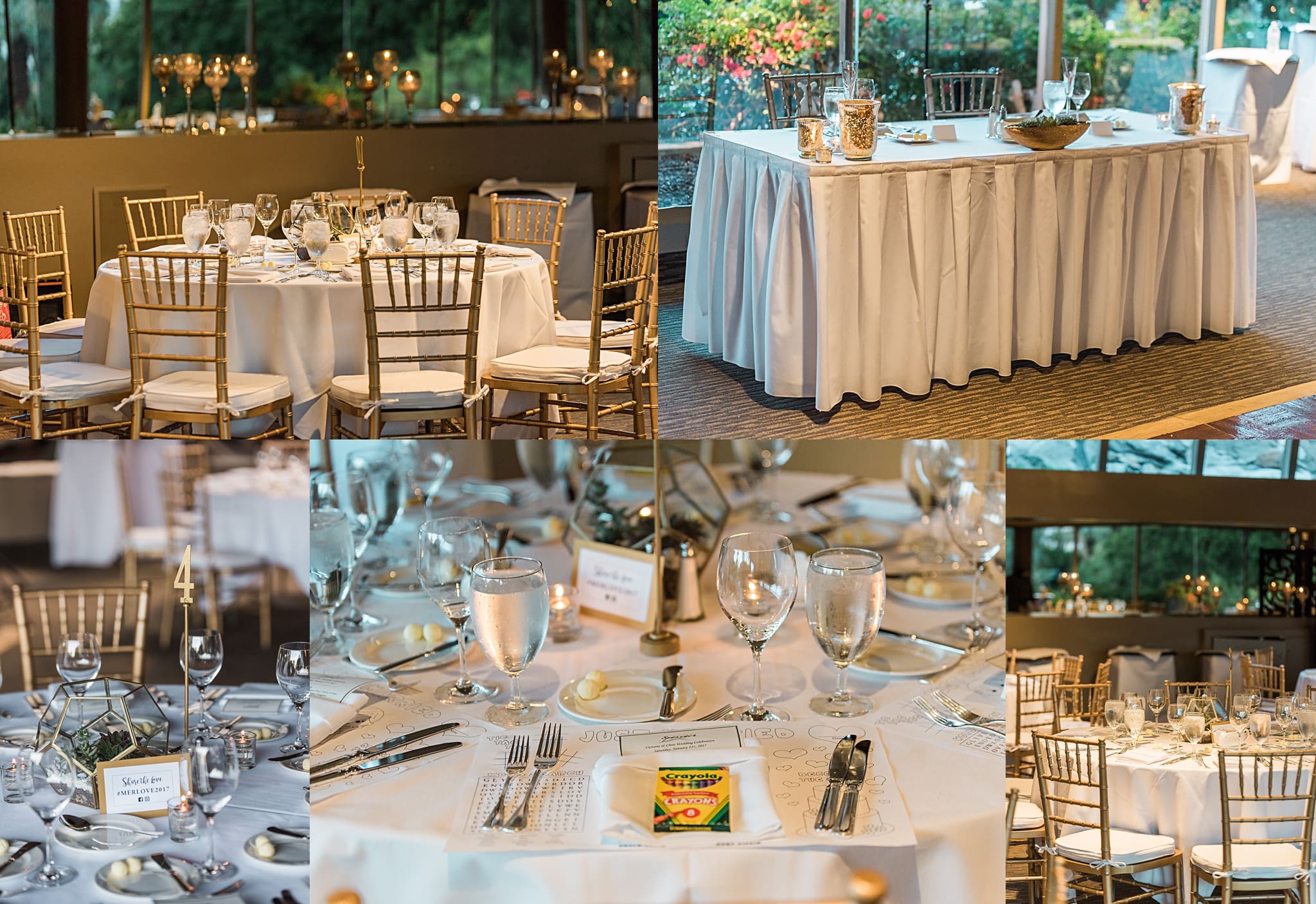 white and gold wedding reception details