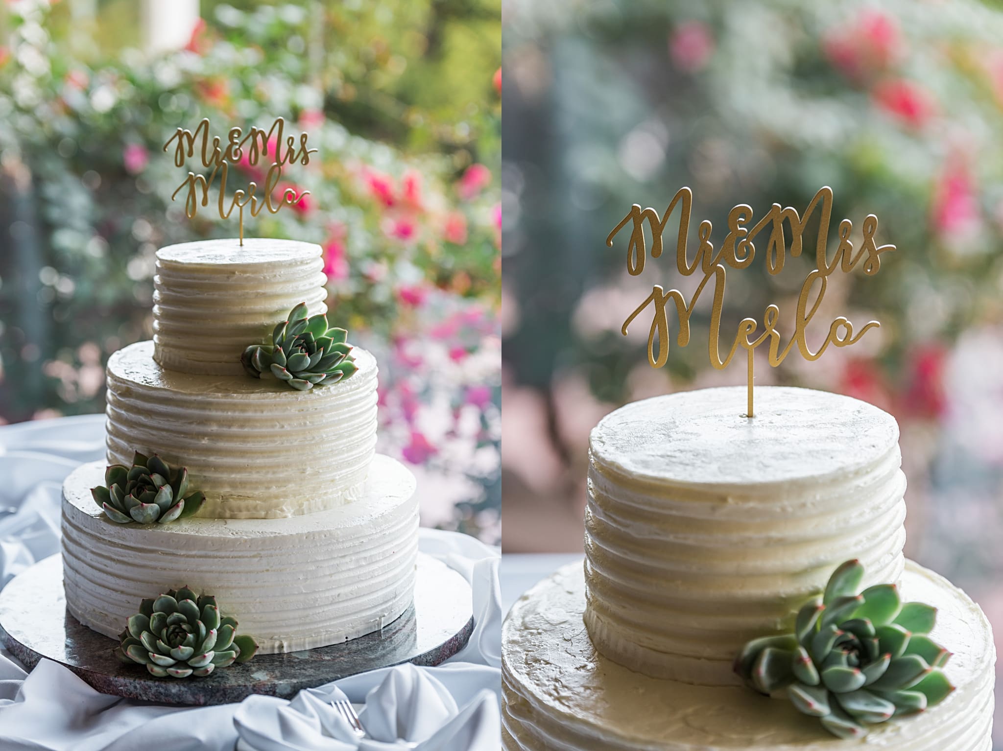 white 3 tiered wedding cake with succulents