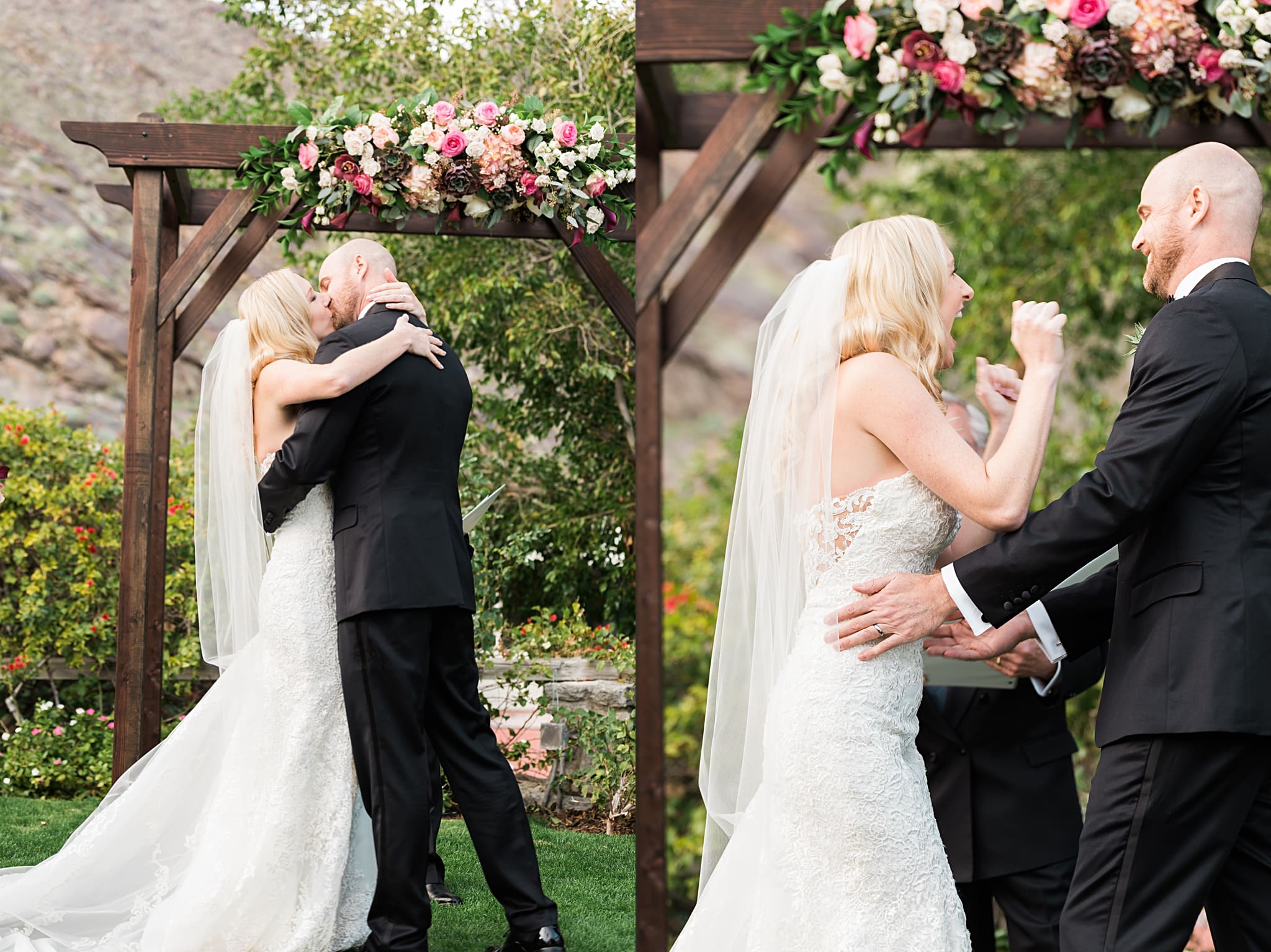 excited bride and groom sharing first kiss at wedding ceremony