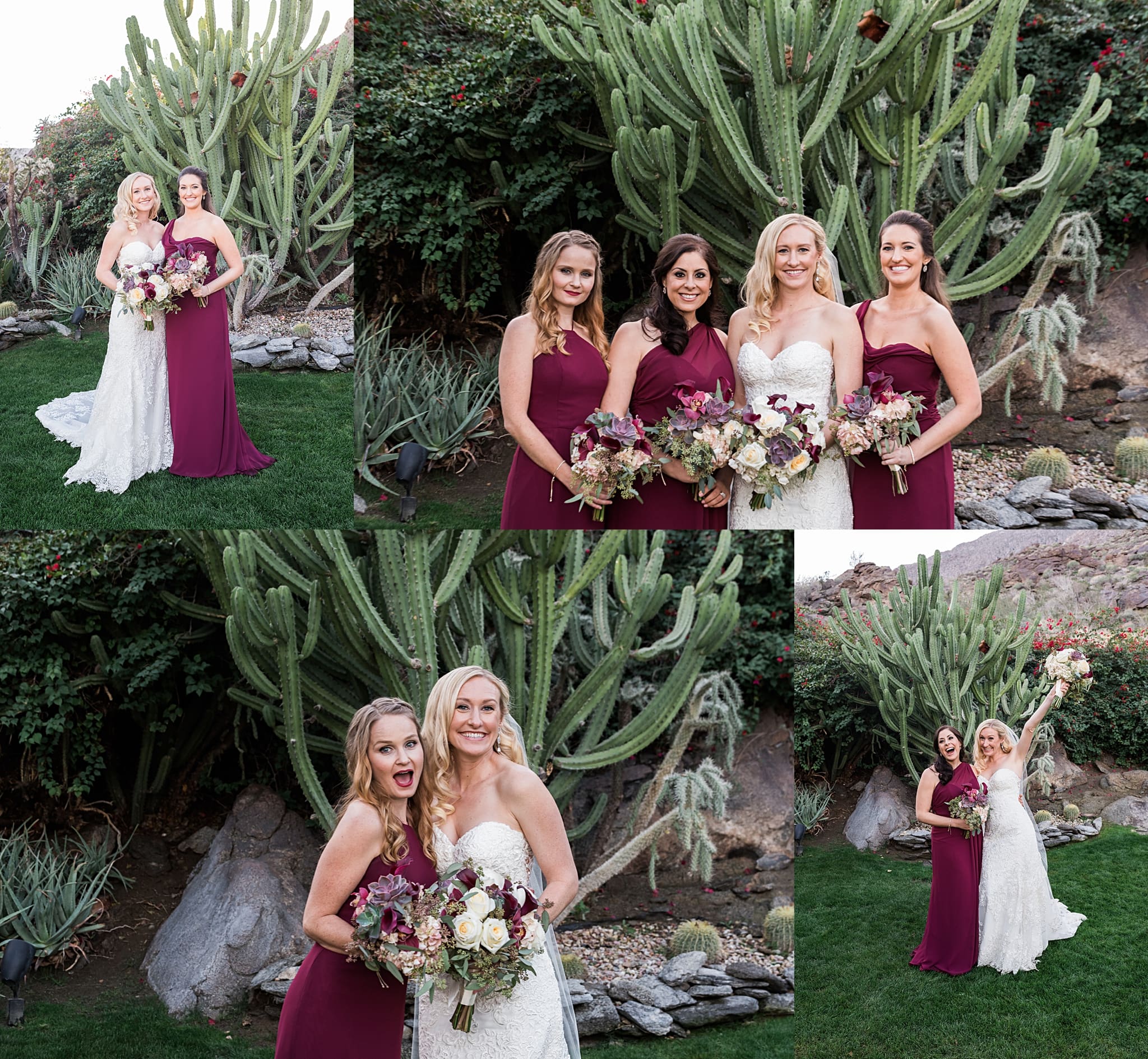maroon bridesmaids dresses at spencers restaurant in palm springs