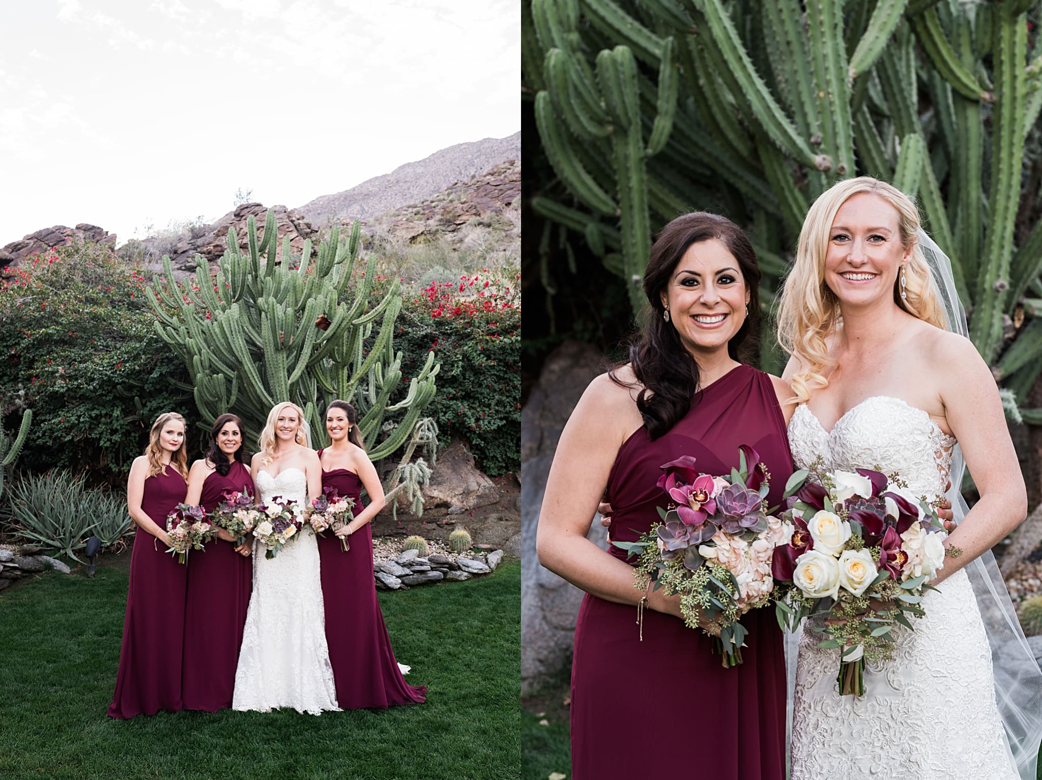 bride with bridesmaids in maroon dresses