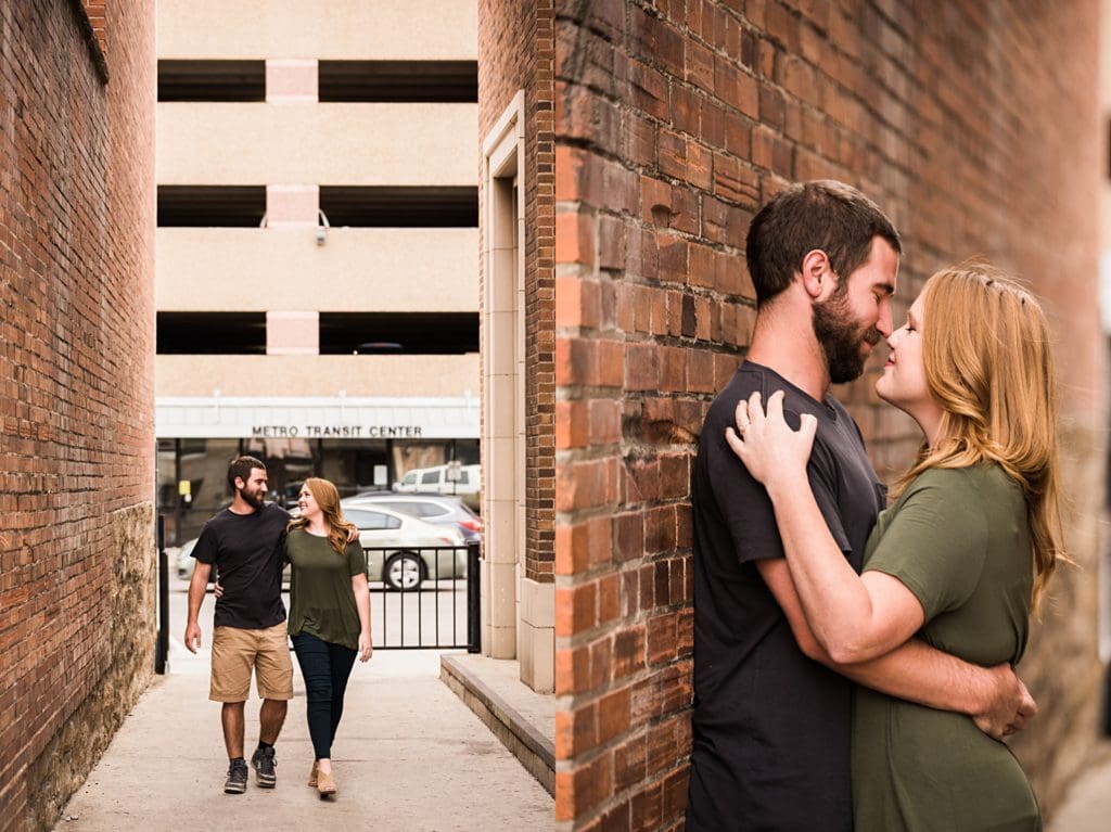 couple kissing together in an alleyway