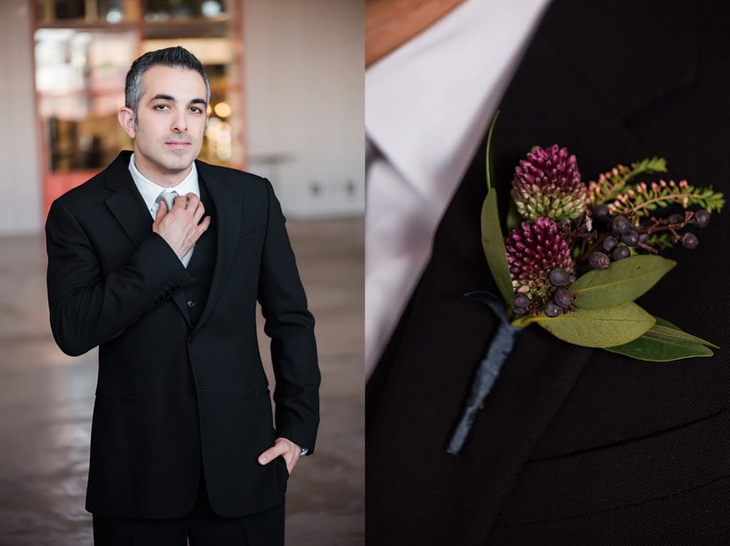 groom with purple boutonniere