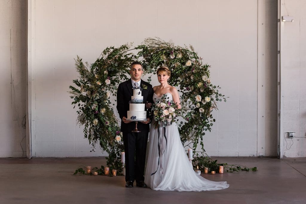 Industrial Organic Wedding Inspiration with cake and bouquet