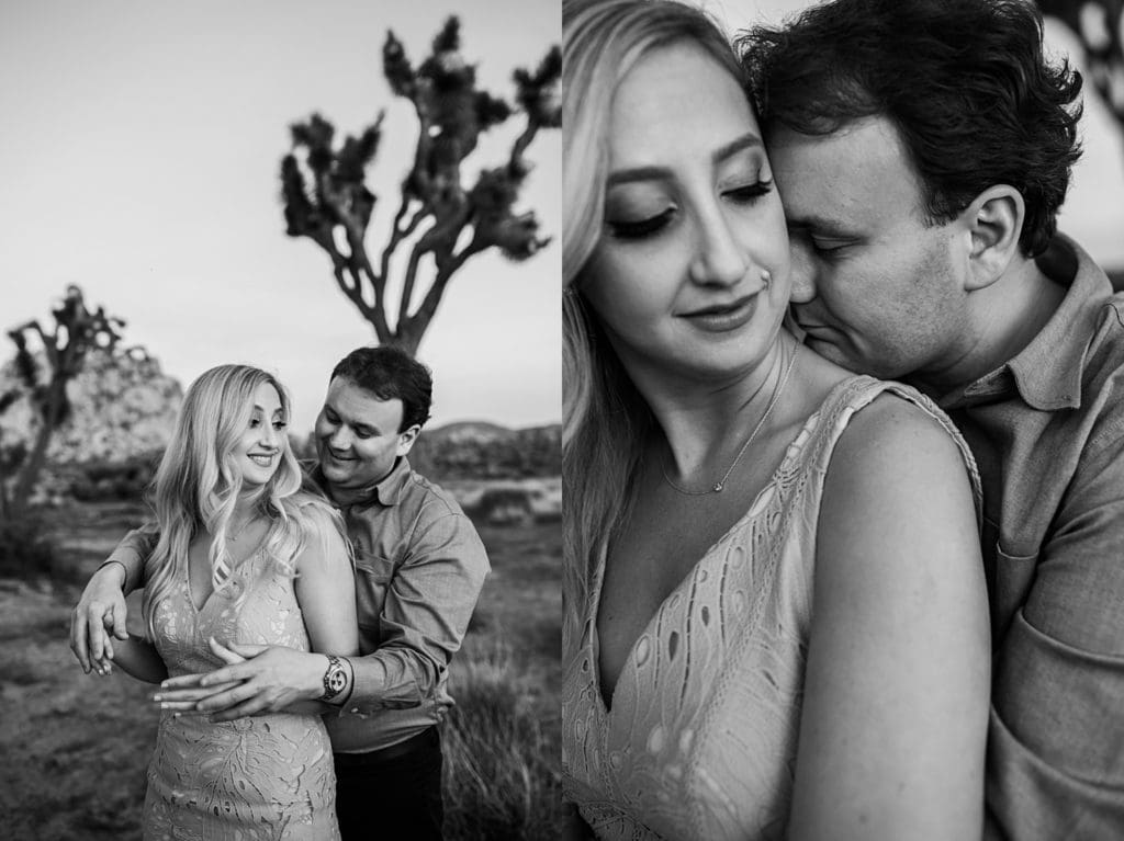 engagement couple nuzzling together in joshua tree