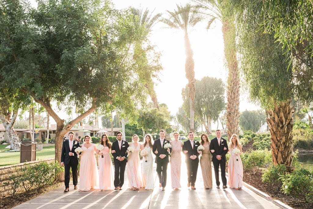 pink and navy blue wedding party at Bermuda Dunes Country Club wedding