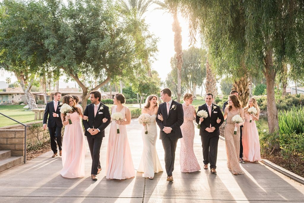 pink and navy blue wedding party at Bermuda Dunes Country Club wedding