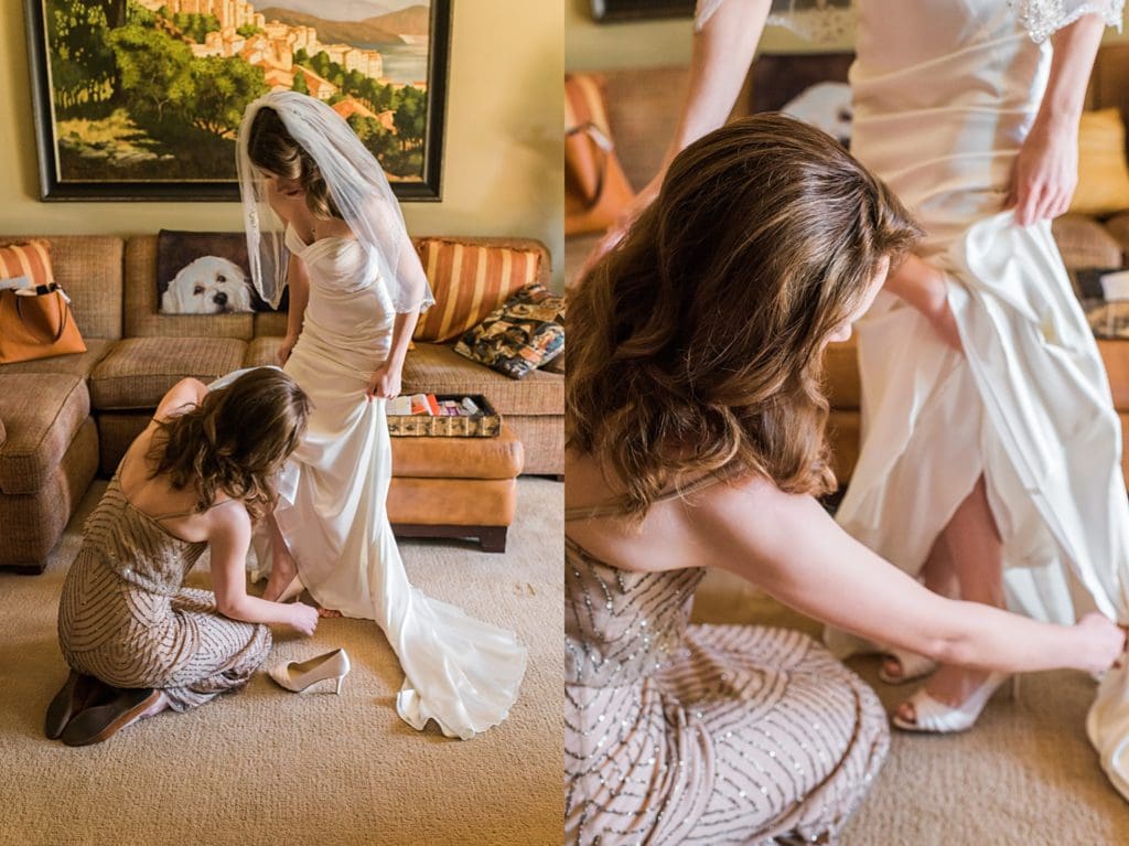sister helping bride with heels