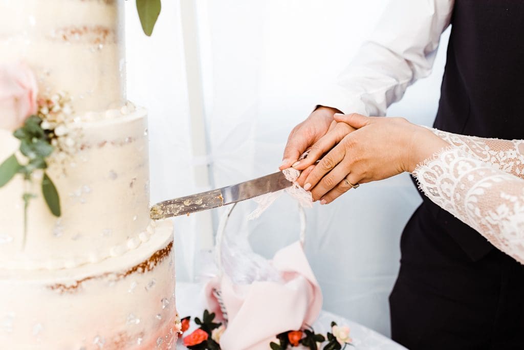rocky mountain wedding cake cutting