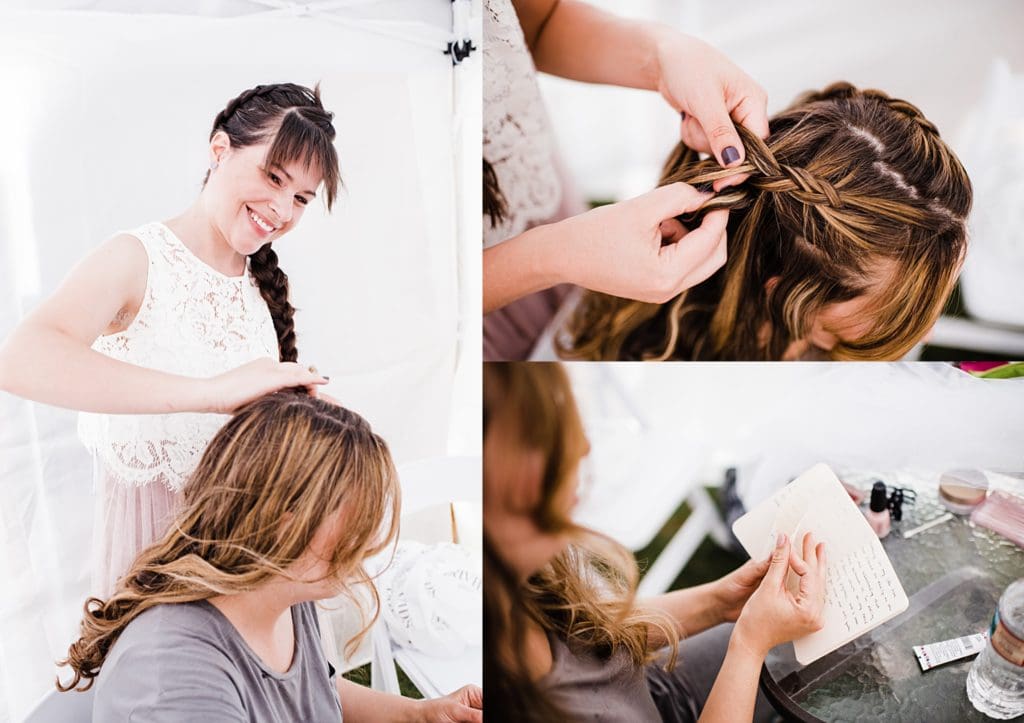 maid of honor doing brides hair