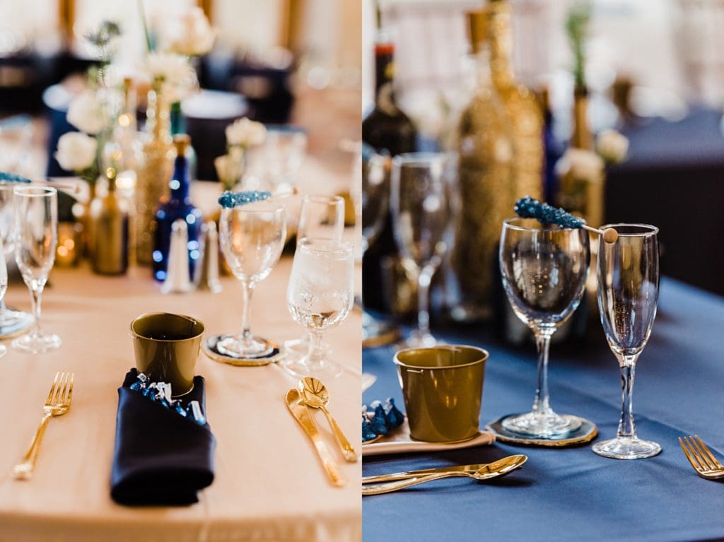 navy blue and gold wedding champagne details