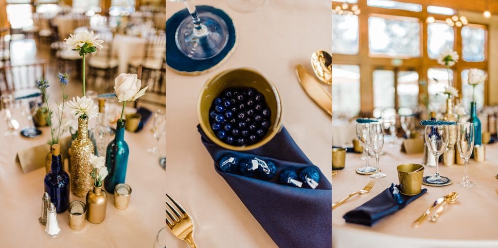 blue and champagne wedding reception details