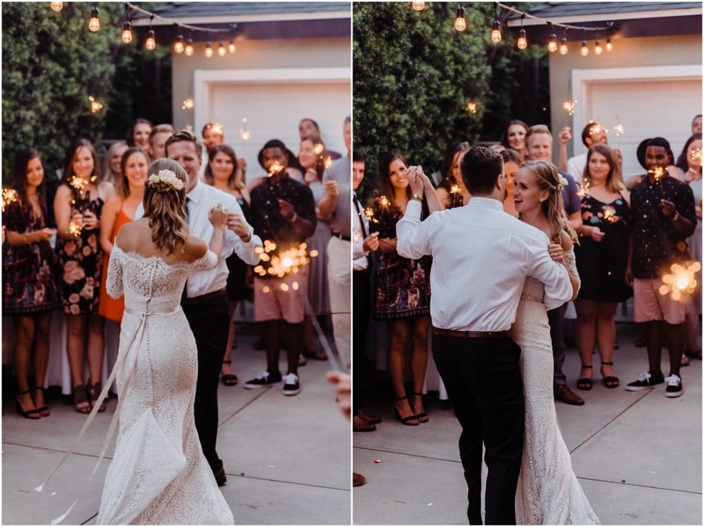 sparkler lit first dance at wedding reception