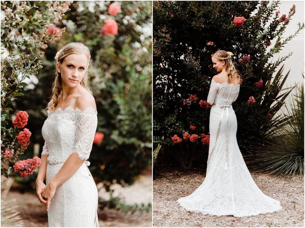 off the shoulder lace wedding gown