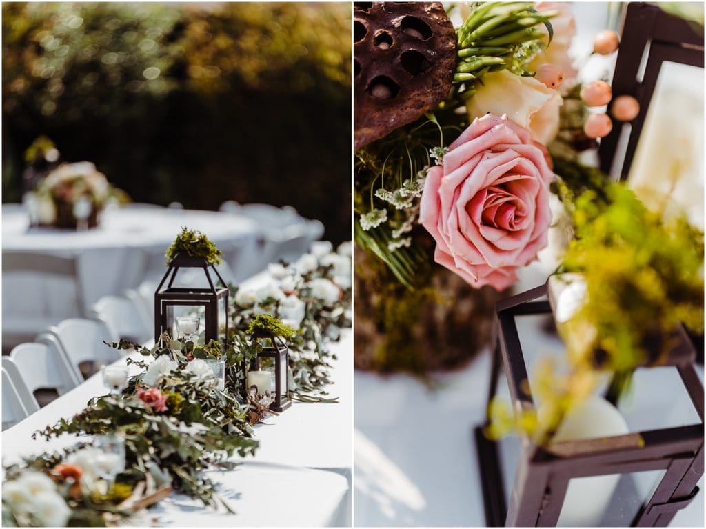 lanterns and greens table decor for weddings
