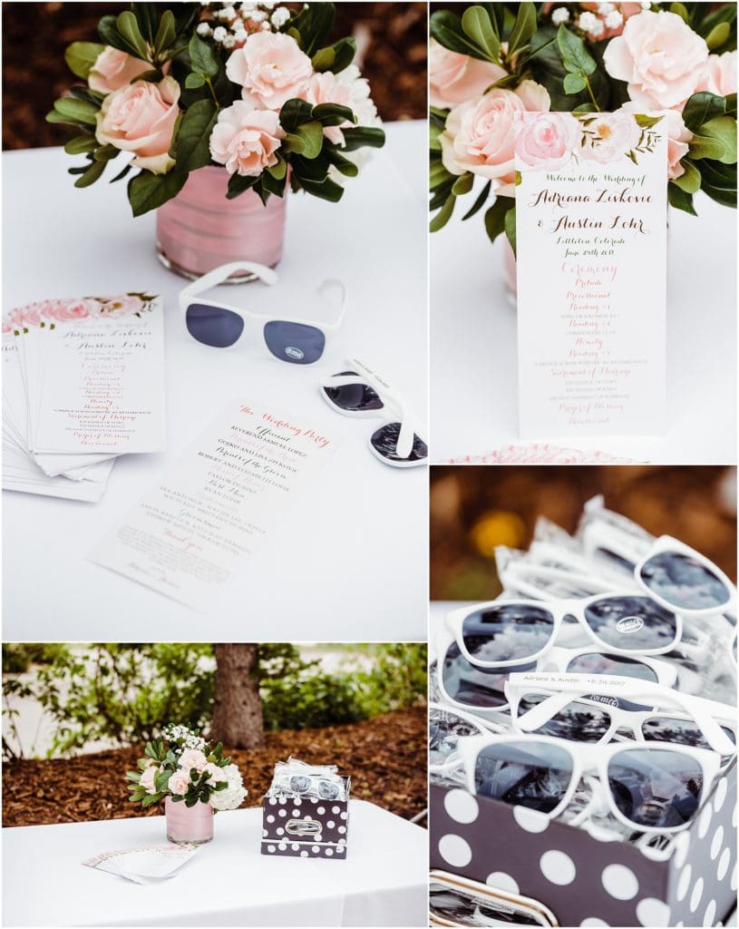 wedding ceremony entrance table with personalized white sunglasses