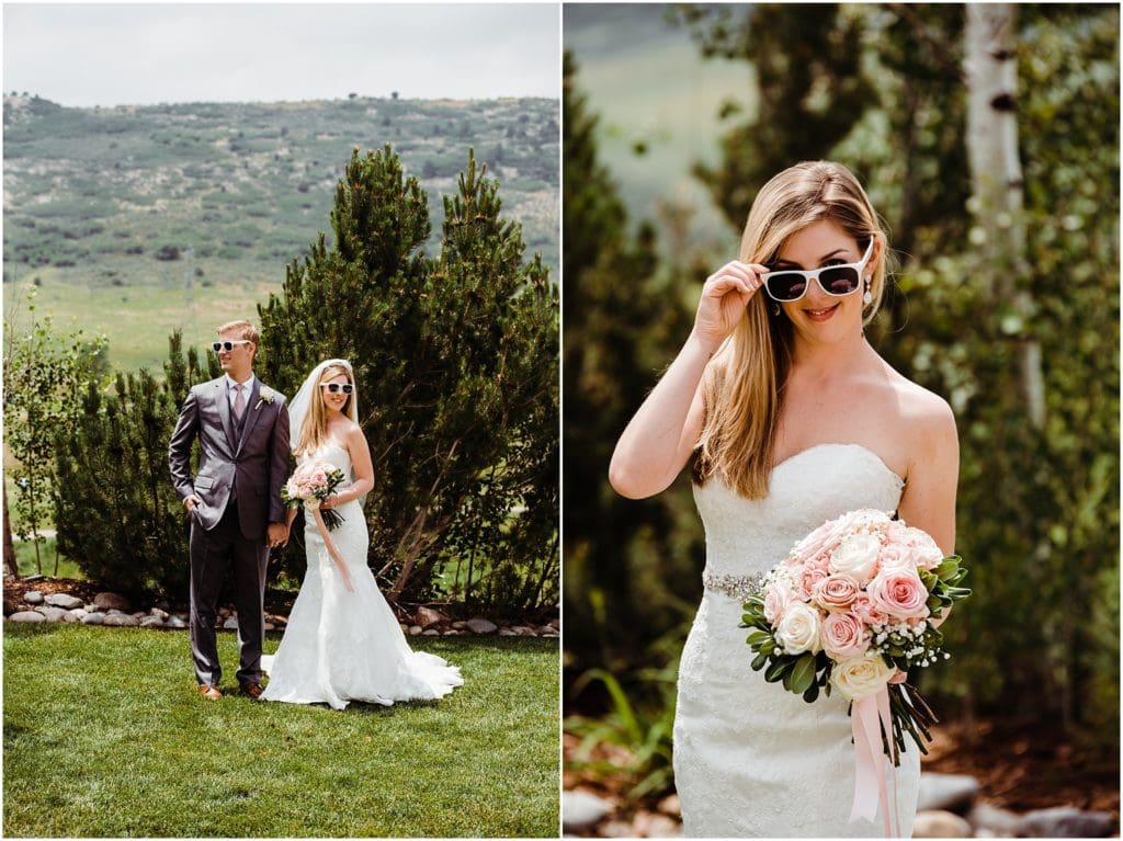bride and groom wearing sunglasses