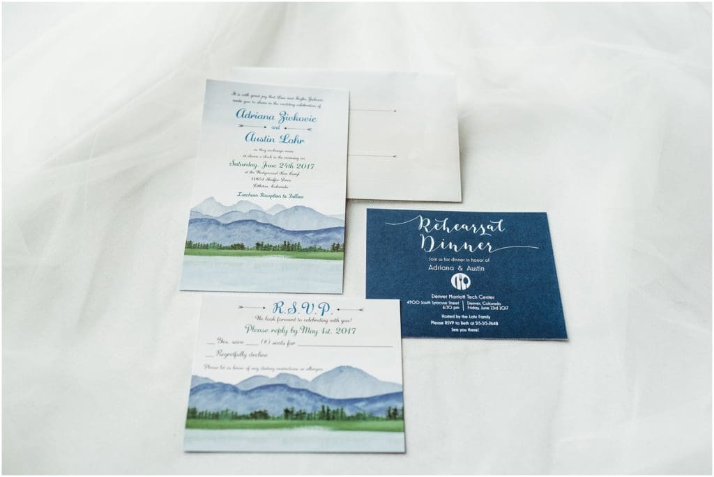 navy blue and mountain themed wedding invitation suite