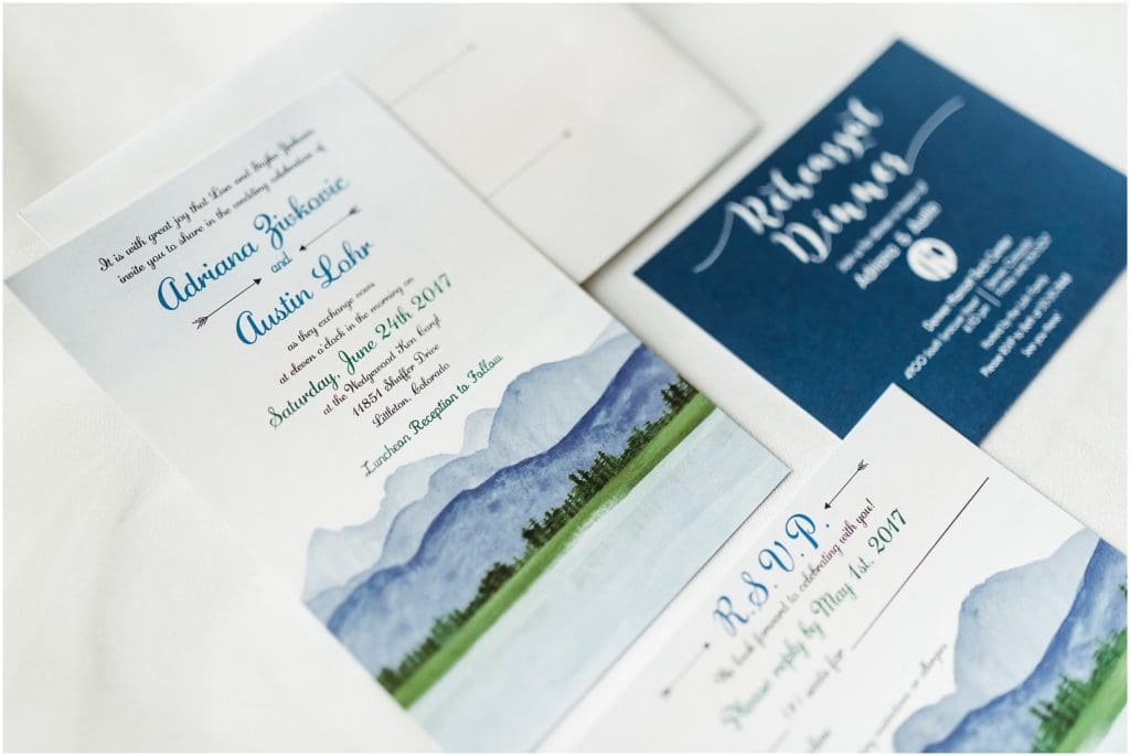 navy blue and mountain themed wedding invitation suite
