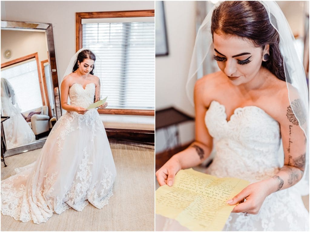 bride reading letter from fiancé