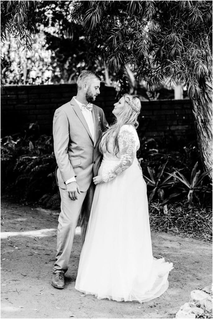 black and white wedding portrait at the san diego botanic garden