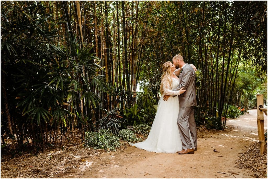 bride and groom in a bamboo garden