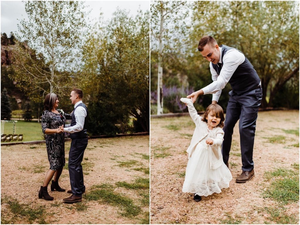 groom dancing with his mom and daughter