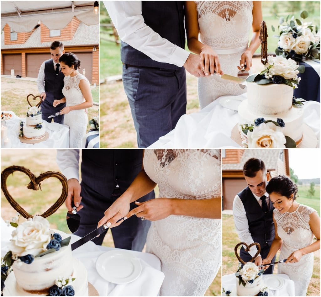 bride and groom cutting a rustic wedding cake