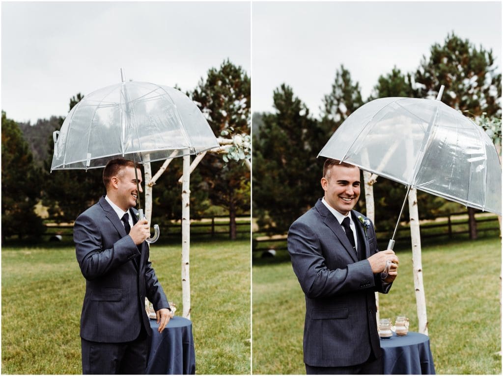 groom with an umbrella