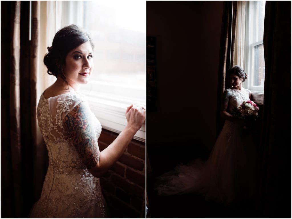 moody window light bridal portrait