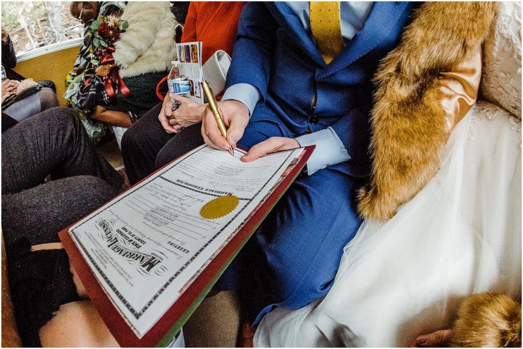 signing the marriage certificate on a train